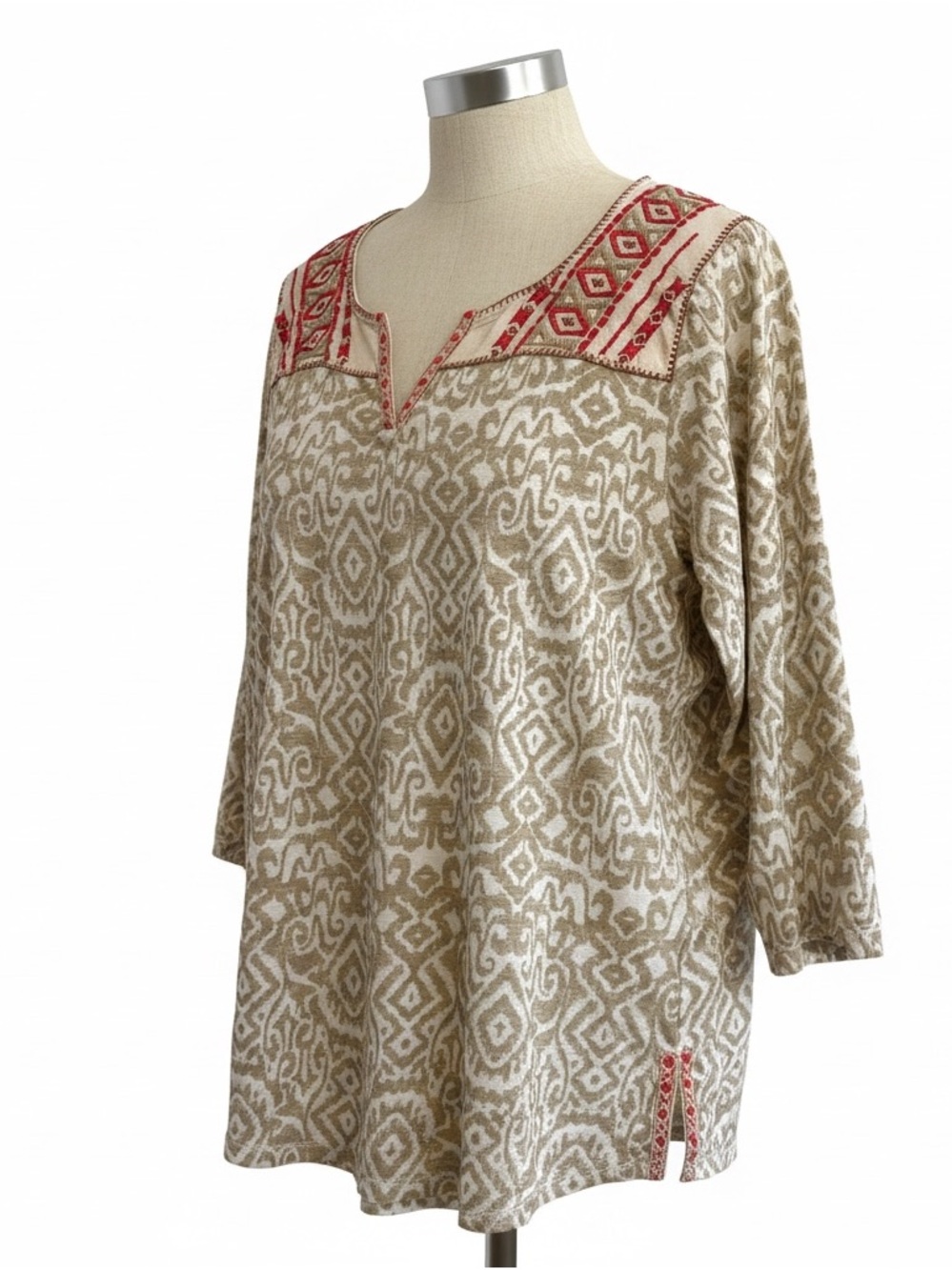 Lucky Brand Beige Tunic with Red Embroidered Yoke size large